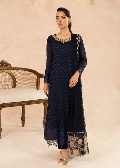 MYRA luxury NAVY Blue chiffon Embroidered womenswear 3 piece ready to wear suit (Watch video)