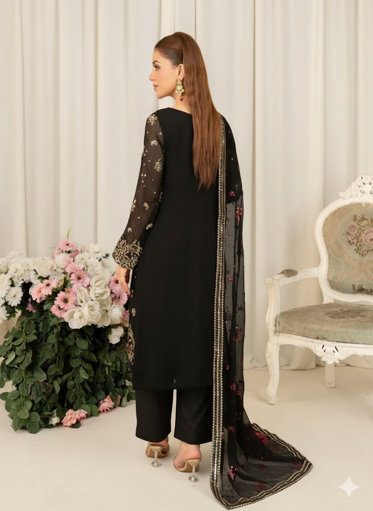 Guncha Luxury chiffon Embroidered womenswear 3 piece ready to wear suit (Black)
