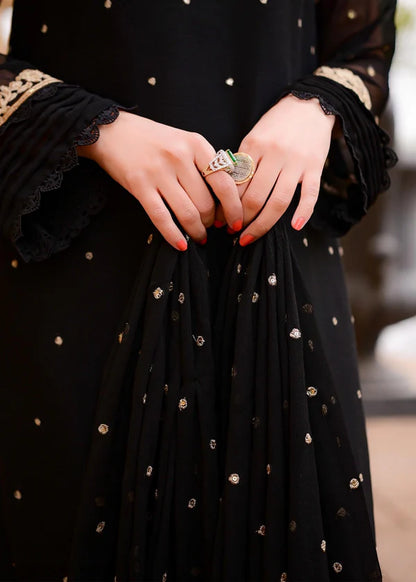 SAJAL BLACK Luxury classy style Chiffon 3 piece ready to wear traditional embroidered asian suit stylish womenswear outfit - Shirt Length 39”-40”