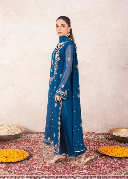 AGHA JAAN Luxury Teal Embroidered Chiffon Long Kurta Suit Ready to Wear Pakistani Festive Party Wear Women's Outfit