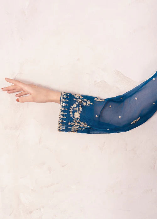AGHA JAAN Luxury Teal Embroidered Chiffon Long Kurta Suit Ready to Wear Pakistani Festive Party Wear Women's Outfit