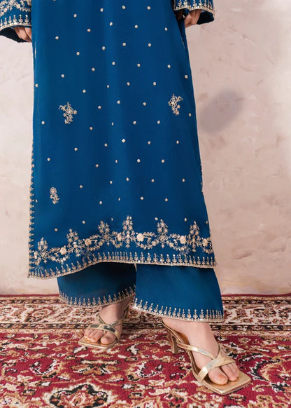 AGHA JAAN Luxury Teal Embroidered Chiffon Long Kurta Suit Ready to Wear Pakistani Festive Party Wear Women's Outfit