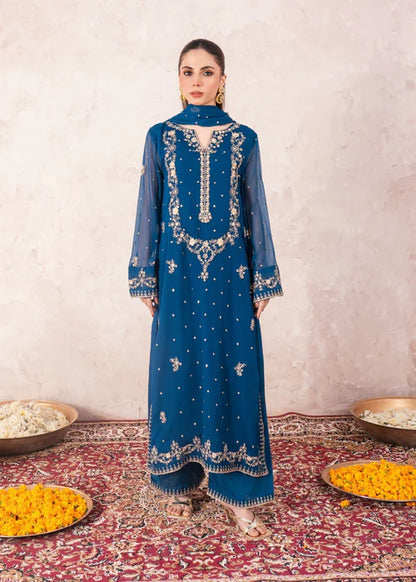 AGHA JAAN Luxury Teal Embroidered Chiffon Long Kurta Suit Ready to Wear Pakistani Festive Party Wear Women's Outfit