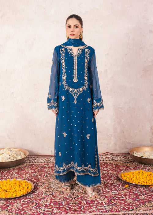 GULPARI Luxury Teal Embroidered Chiffon Long Kurta 3 Piece Suit Ready to Wear Pakistani Festive Party Wear Womenswear Outfit