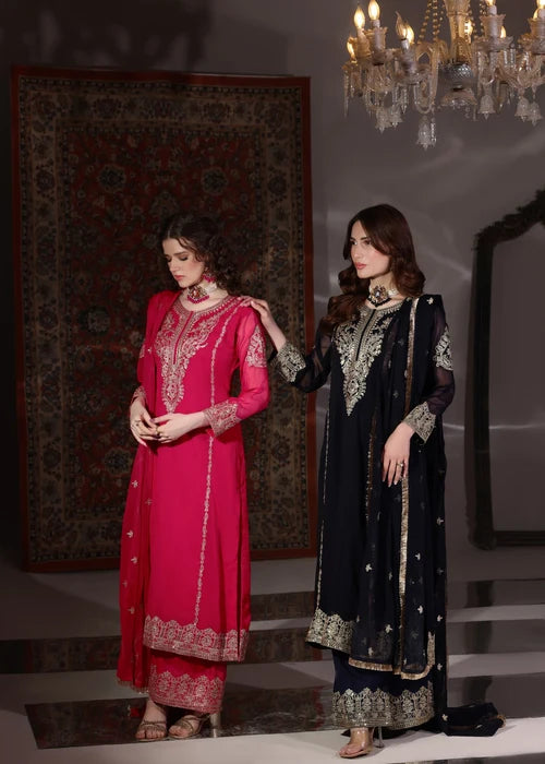 Cremly Andaz Pink 3 Piece Festive Embroidered Chiffon Kurta Set with Palazzo & Dupatta