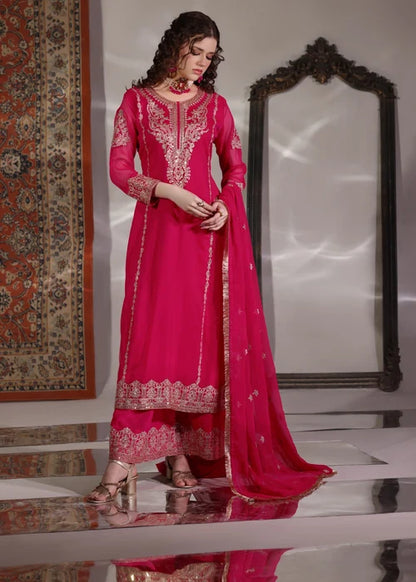 Cremly Andaz Pink 3 Piece Festive Embroidered Chiffon Kurta Set with Palazzo & Dupatta