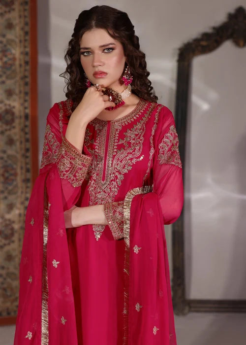 Cremly Andaz Pink 3 Piece Festive Embroidered Chiffon Kurta Set with Palazzo & Dupatta