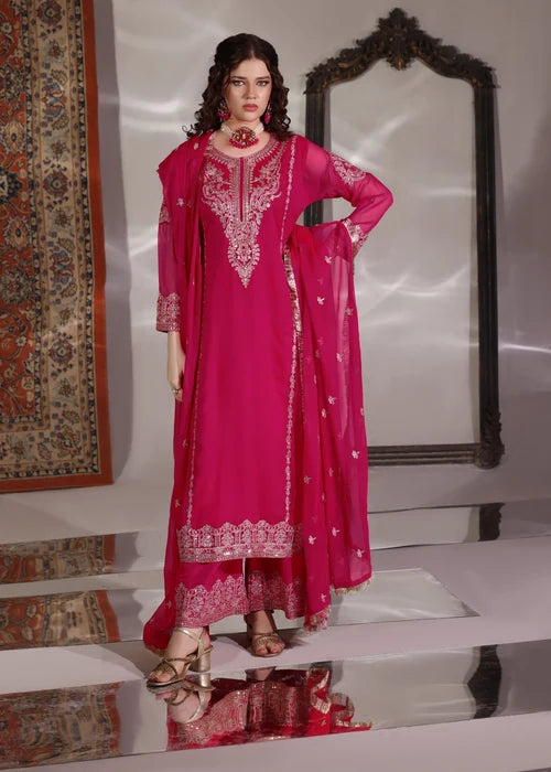 Cremly Andaz Pink 3 Piece Festive Embroidered Chiffon Kurta Set with Palazzo & Dupatta
