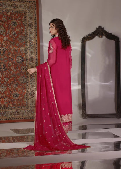 Cremly Andaz Pink 3 Piece Festive Embroidered Chiffon Kurta Set with Palazzo & Dupatta