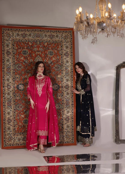 Cremly Andaz Pink 3 Piece Festive Embroidered Chiffon Kurta Set with Palazzo & Dupatta