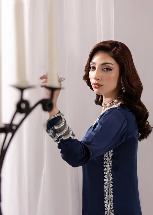 Zareen-e-Riwaayat Prussian Blue Silk Long Kurta Suit With Adda Work Ready to Wear Pakistani Festive Party Wear Women's Outfit