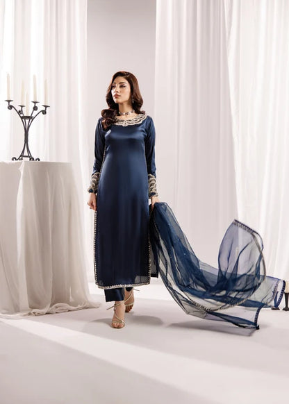 Zareen-e-Riwaayat Prussian Blue Silk Long Kurta Suit With Adda Work Ready to Wear Pakistani Festive Party Wear Women's Outfit