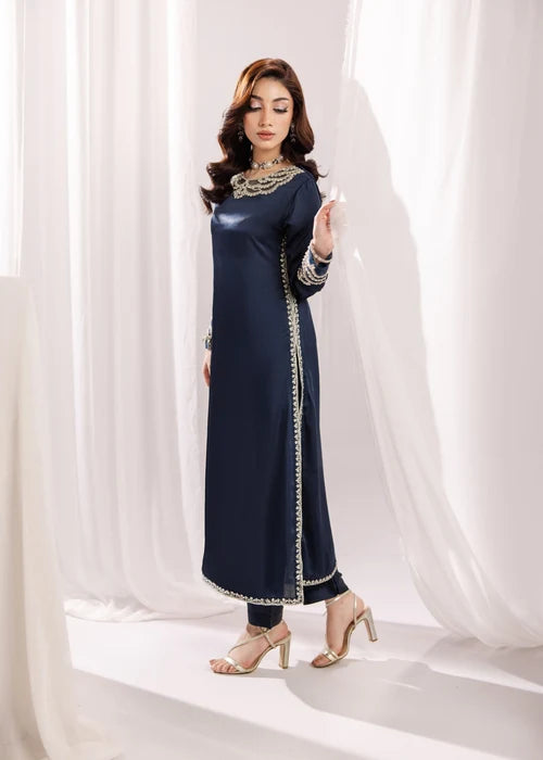 Zareen-e-Riwaayat Prussian Blue Silk Long Kurta Suit With Adda Work Ready to Wear Pakistani Festive Party Wear Women's Outfit