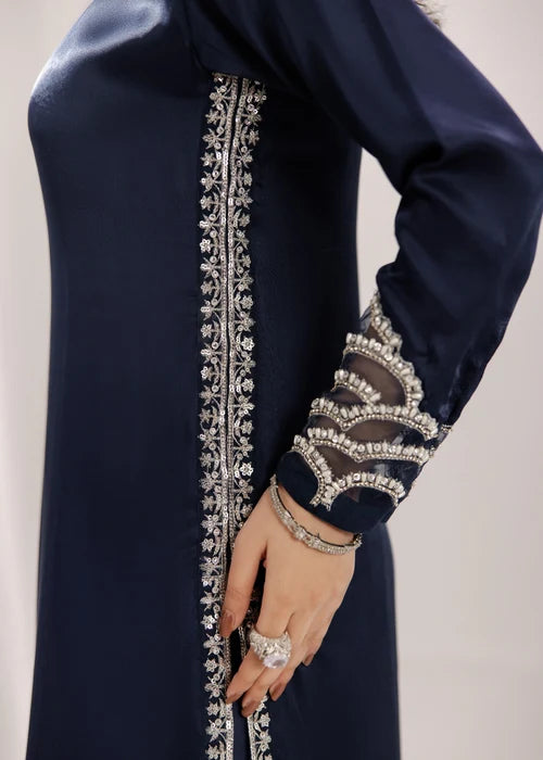 Zareen-e-Riwaayat Prussian Blue Silk Long Kurta Suit With Adda Work Ready to Wear Pakistani Festive Party Wear Women's Outfit