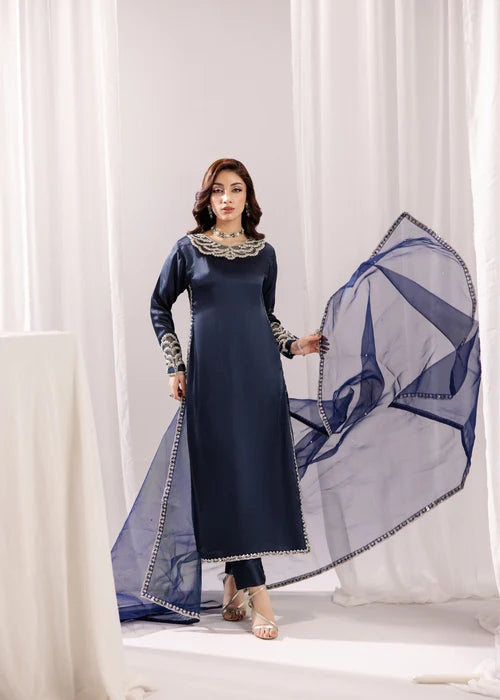 Zareen-e-Riwaayat Prussian Blue Silk Long Kurta Suit With Adda Work Ready to Wear Pakistani Festive Party Wear Women's Outfit