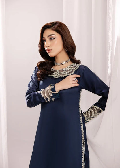 Zareen-e-Riwaayat Prussian Blue Silk Long Kurta Suit With Adda Work Ready to Wear Pakistani Festive Party Wear Women's Outfit
