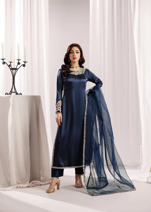 Zareen-e-Riwaayat Prussian Blue Silk Long Kurta Suit With Adda Work Ready to Wear Pakistani Festive Party Wear Women's Outfit