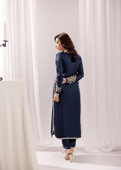 Zareen-e-Riwaayat Prussian Blue Silk Long Kurta Suit With Adda Work Ready to Wear Pakistani Festive Party Wear Women's Outfit