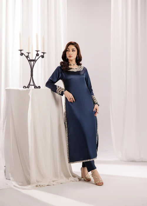 Zareen-e-Riwaayat Prussian Blue Silk Long Kurta Suit With Adda Work Ready to Wear Pakistani Festive Party Wear Women's Outfit