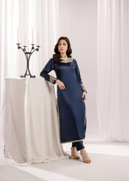 Zareen-e-Riwaayat Prussian Blue Silk Long Kurta Suit With Adda Work Ready to Wear Pakistani Festive Party Wear Women's Outfit