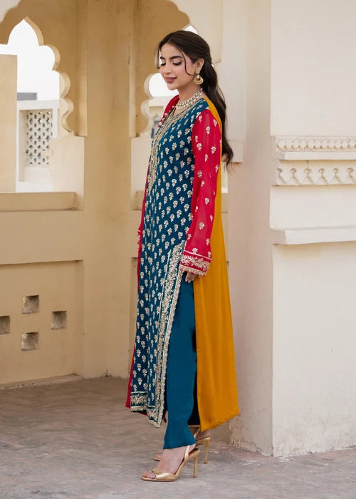 Meher Teal Embroidered Chiffon Straight Cut Kurta Suit Ready to Wear Pakistani Festive Party Wear Women's Outfit