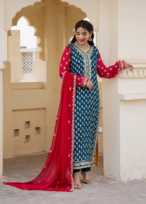 Meher Teal Embroidered Chiffon Straight Cut Kurta Suit Ready to Wear Pakistani Festive Party Wear Women's Outfit
