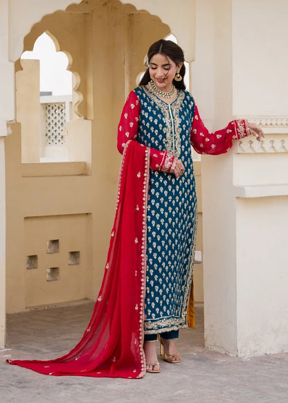Meher Teal Embroidered Chiffon Straight Cut Kurta Suit Ready to Wear Pakistani Festive Party Wear Women's Outfit