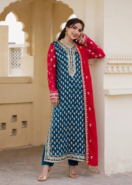 Meher Teal Embroidered Chiffon Straight Cut Kurta Suit Ready to Wear Pakistani Festive Party Wear Women's Outfit