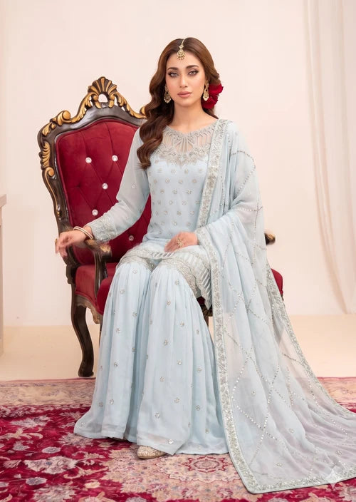 Aabshaar Light Blue Bemberg Crinkle Chiffon Embroidered Kurti Gharara Suit Ready to Wear Pakistani Festive Party Wear Women's Outfit