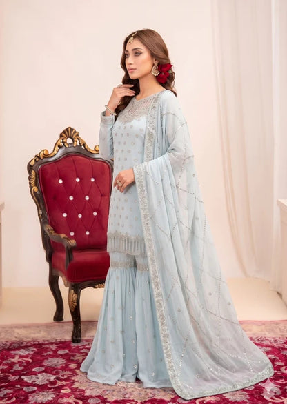 Aabshaar Light Blue Bemberg Crinkle Chiffon Embroidered Kurti Gharara Suit Ready to Wear Pakistani Festive Party Wear Women's Outfit