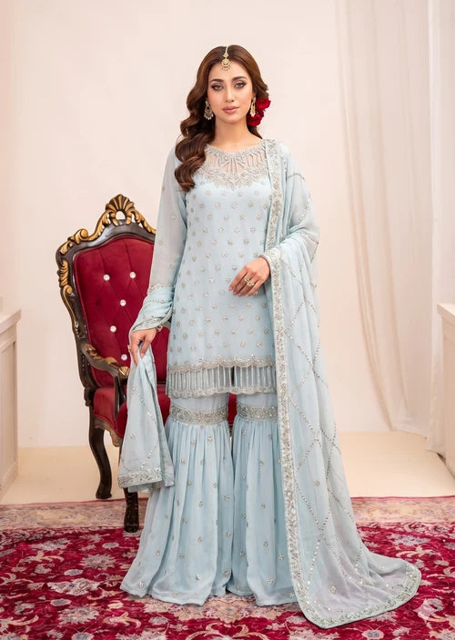 Aabshaar Light Blue Bemberg Crinkle Chiffon Embroidered Kurti Gharara Suit Ready to Wear Pakistani Festive Party Wear Women's Outfit