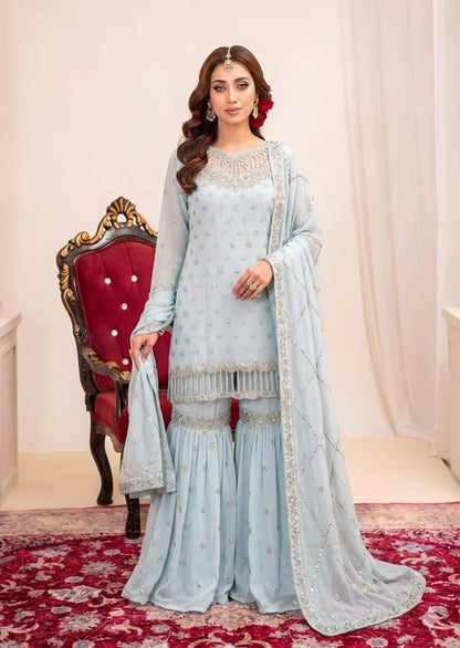 Aabshaar Light Blue Bemberg Crinkle Chiffon Embroidered Kurti Gharara Suit Ready to Wear Pakistani Festive Party Wear Women's Outfit