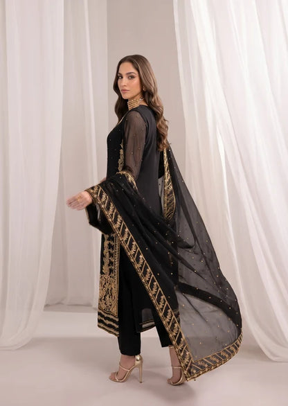 Begonia Black Chiffon 3 Piece Festive Embroidered Long Kurta Suit with Straight Trouser & Dupatta