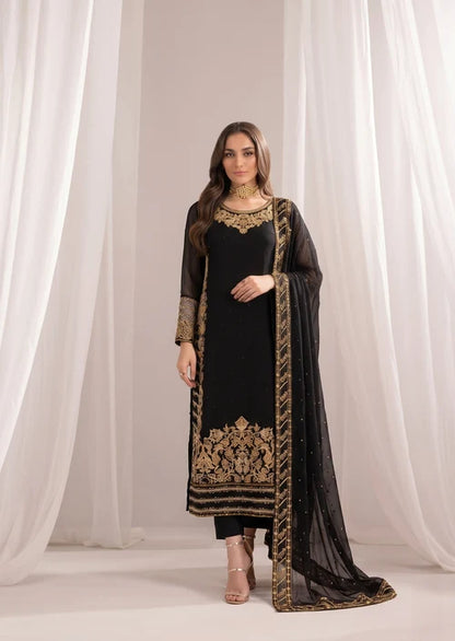 Begonia Black Chiffon 3 Piece Festive Embroidered Long Kurta Suit with Straight Trouser & Dupatta