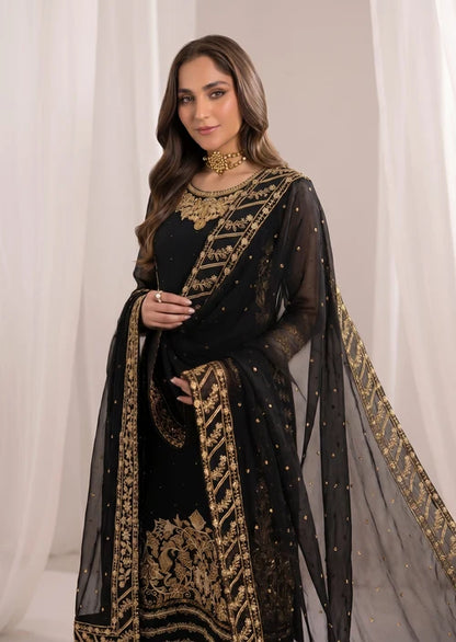 Begonia Black Chiffon 3 Piece Festive Embroidered Long Kurta Suit with Straight Trouser & Dupatta