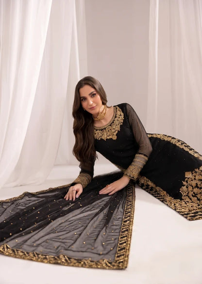Begonia Black Chiffon 3 Piece Festive Embroidered Long Kurta Suit with Straight Trouser & Dupatta