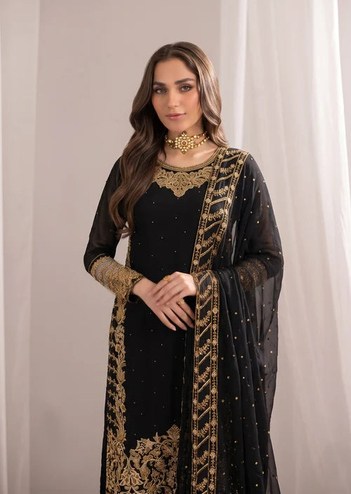 Begonia Black Chiffon 3 Piece Festive Embroidered Long Kurta Suit with Straight Trouser & Dupatta