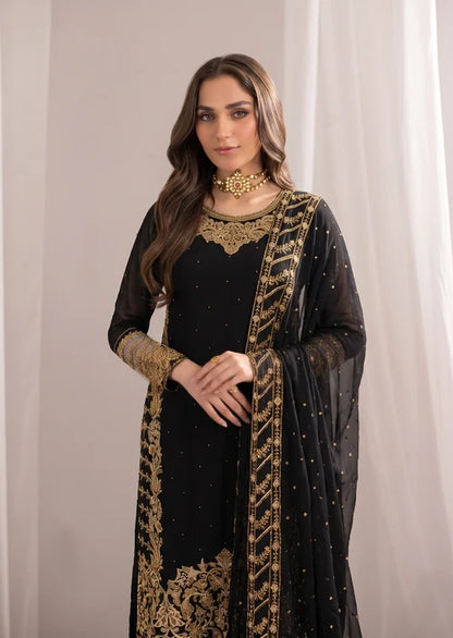 Begonia Black Chiffon 3 Piece Festive Embroidered Long Kurta Suit with Straight Trouser & Dupatta