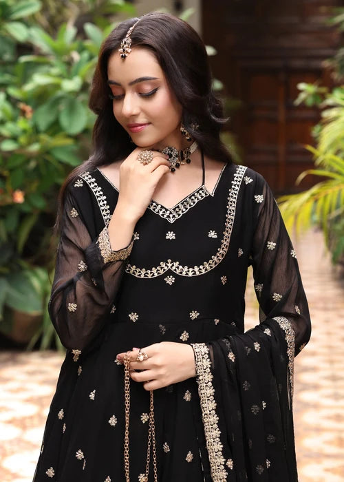 Mehr-e-Siyah Embroidered Black Chiffon Pishwas Suit Ready to Wear Pakistani Festive Party Wear Women's Outfit