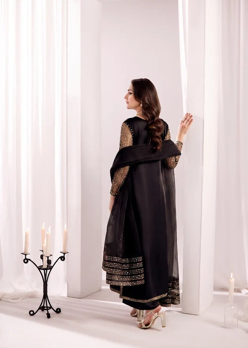 ALYSSA Luxury Jet Black Embroidered Silk Long Kurta Suit Ready to Wear Pakistani Festive Party Wear Women's Outfit