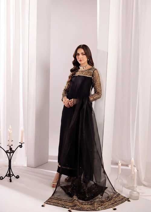 ALYSSA Luxury Jet Black Embroidered Silk Long Kurta Suit Ready to Wear Pakistani Festive Party Wear Women's Outfit