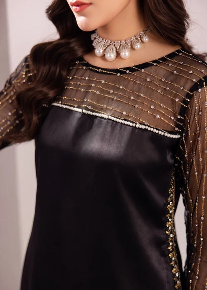 ALYSSA Luxury Jet Black Embroidered Silk Long Kurta Suit Ready to Wear Pakistani Festive Party Wear Women's Outfit