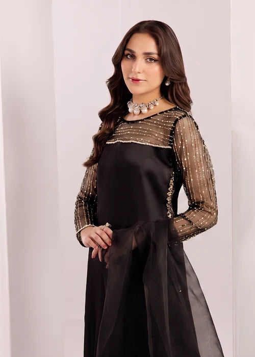 ALYSSA Luxury Jet Black Embroidered Silk Long Kurta Suit Ready to Wear Pakistani Festive Party Wear Women's Outfit