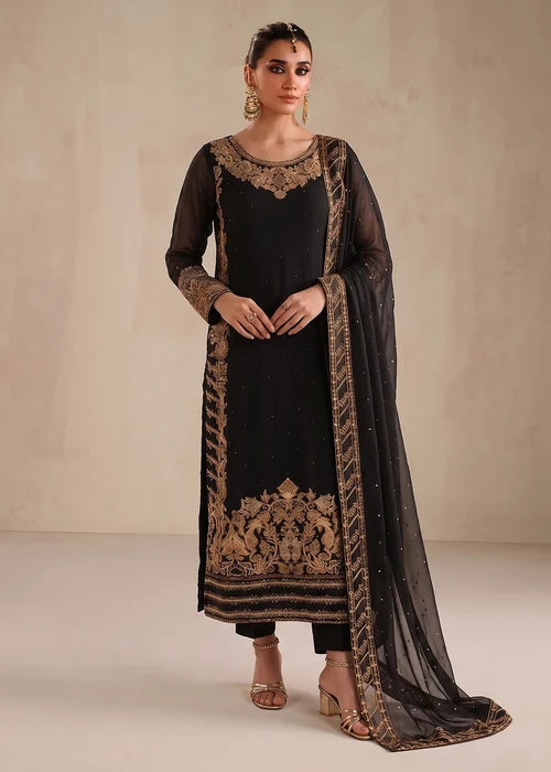 Begonia Black Chiffon 3 Piece Festive Embroidered Long Kurta Suit with Straight Trouser & Dupatta