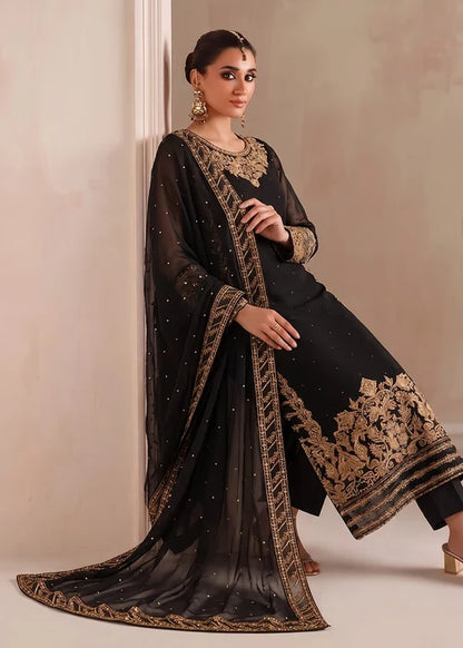 Begonia Black Chiffon 3 Piece Festive Embroidered Long Kurta Suit with Straight Trouser & Dupatta