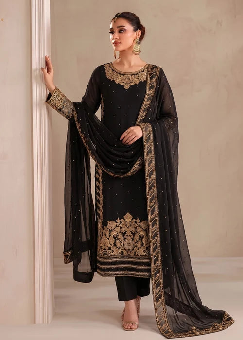 Begonia Black Chiffon 3 Piece Festive Embroidered Long Kurta Suit with Straight Trouser & Dupatta