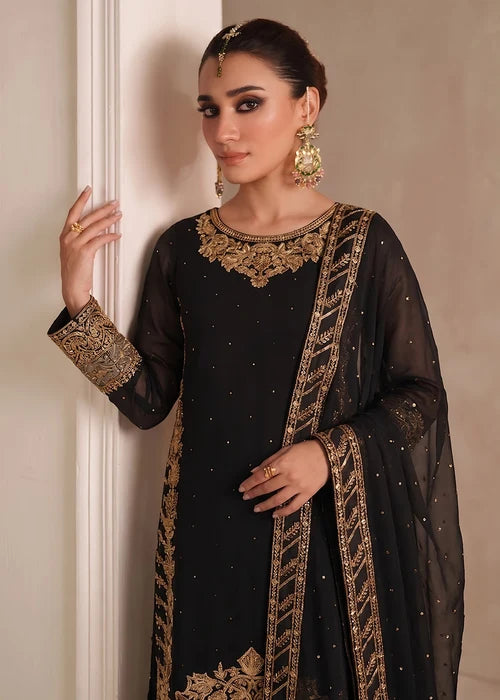 Begonia Black Chiffon 3 Piece Festive Embroidered Long Kurta Suit with Straight Trouser & Dupatta