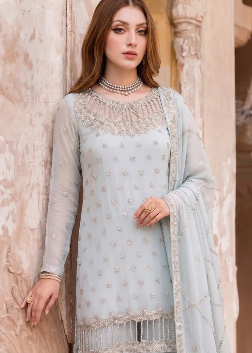 Aabshaar Light Blue Bemberg Crinkle Chiffon Embroidered Kurti Gharara Suit Ready to Wear Pakistani Festive Party Wear Women's Outfit