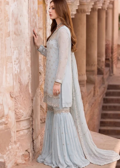 Aabshaar Light Blue Bemberg Crinkle Chiffon Embroidered Kurti Gharara Suit Ready to Wear Pakistani Festive Party Wear Women's Outfit
