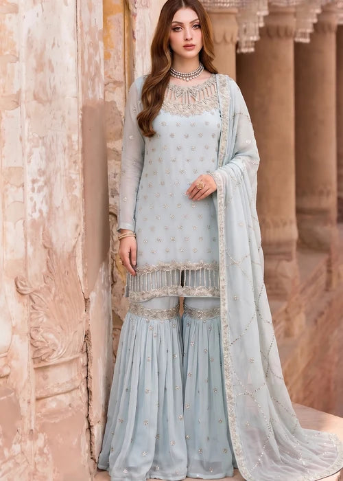 Aabshaar Light Blue Bemberg Crinkle Chiffon Embroidered Kurti Gharara Suit Ready to Wear Pakistani Festive Party Wear Women's Outfit